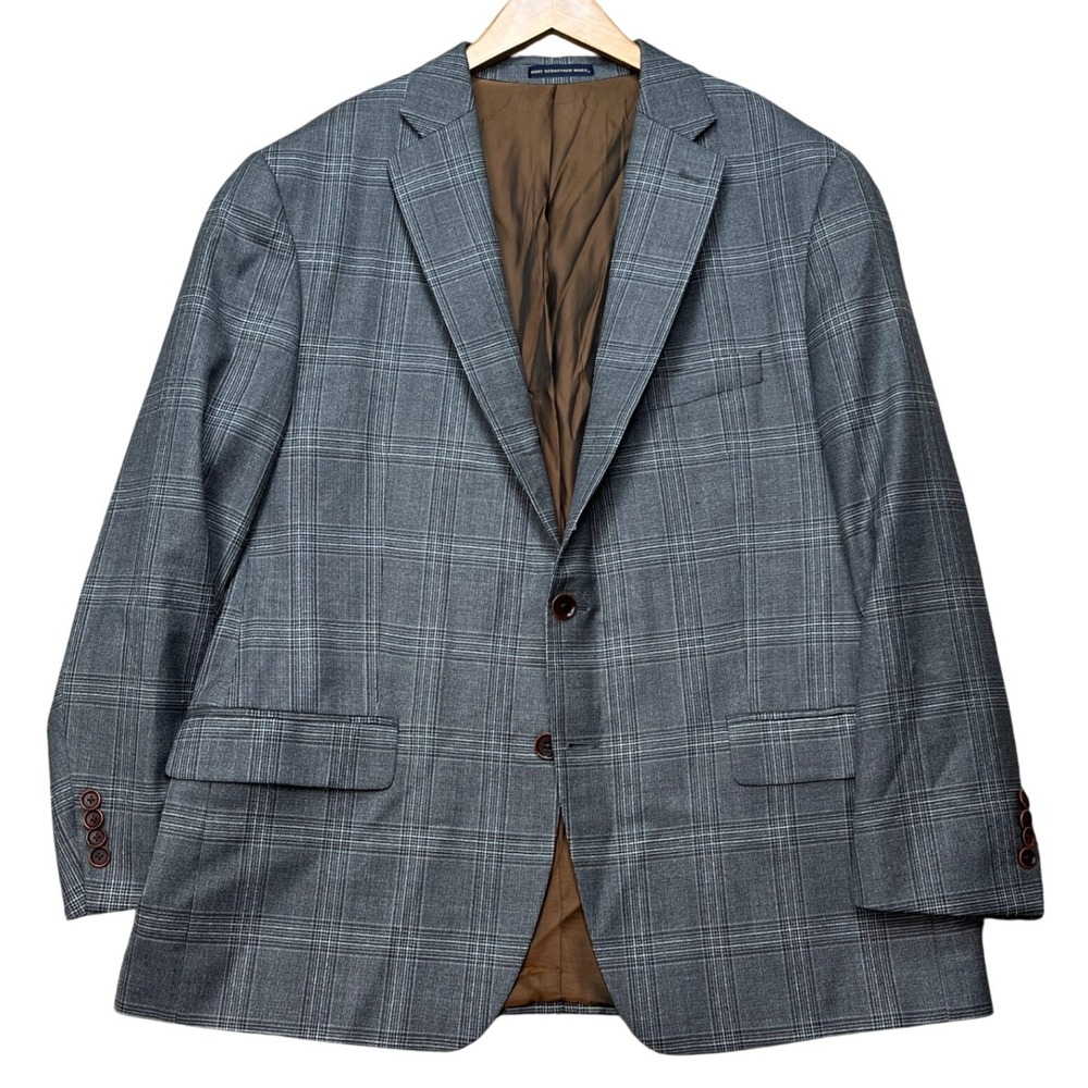 Hart Schaffner Marx Sport Coat Mens 44S Gray Plaid Guabello Super 130s Wool EUC